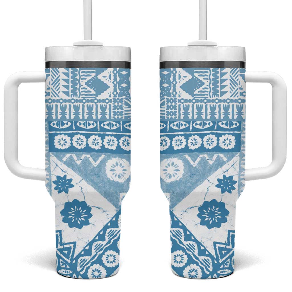 Blue Bula Fiji Tumbler With Handle Unique Masi Tapa Pattern