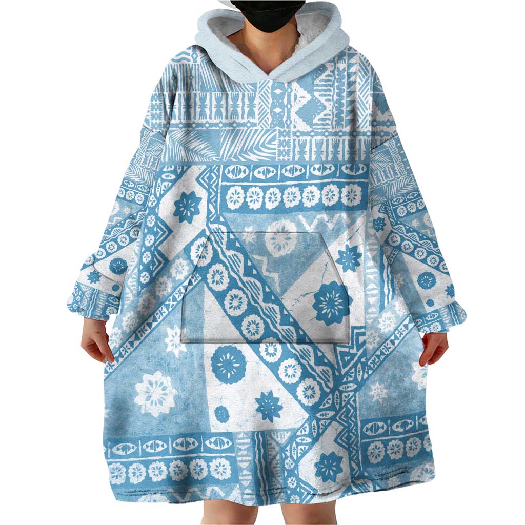Blue Bula Fiji Wearable Blanket Hoodie Unique Masi Tapa Pattern