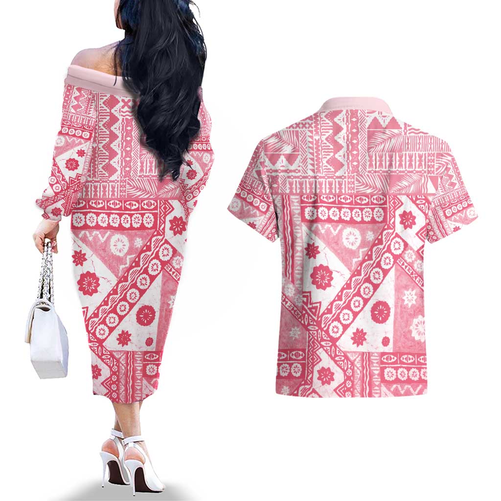 Pink Bula Fiji Couples Matching Off The Shoulder Long Sleeve Dress and Hawaiian Shirt Unique Masi Tapa Pattern