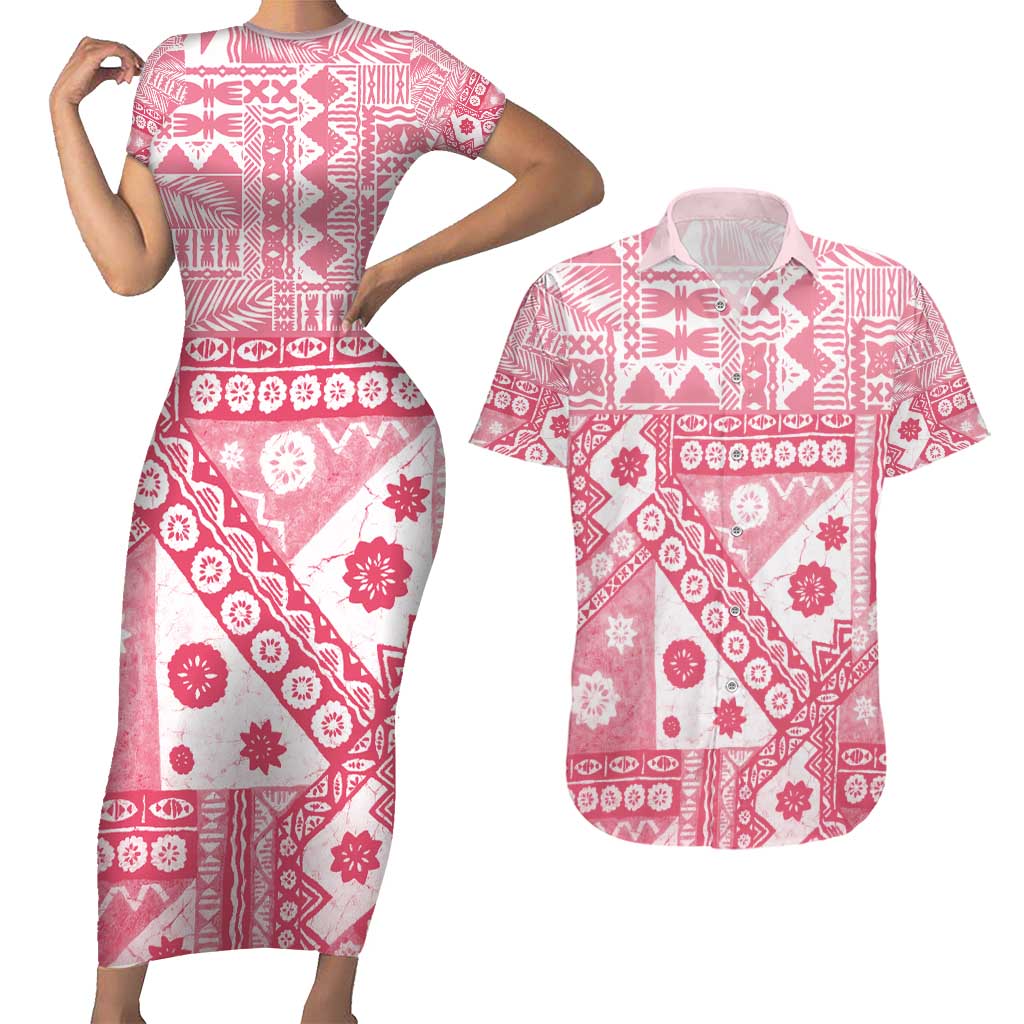 Pink Bula Fiji Couples Matching Short Sleeve Bodycon Dress and Hawaiian Shirt Unique Masi Tapa Pattern