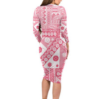 Pink Bula Fiji Long Sleeve Bodycon Dress Unique Masi Tapa Pattern