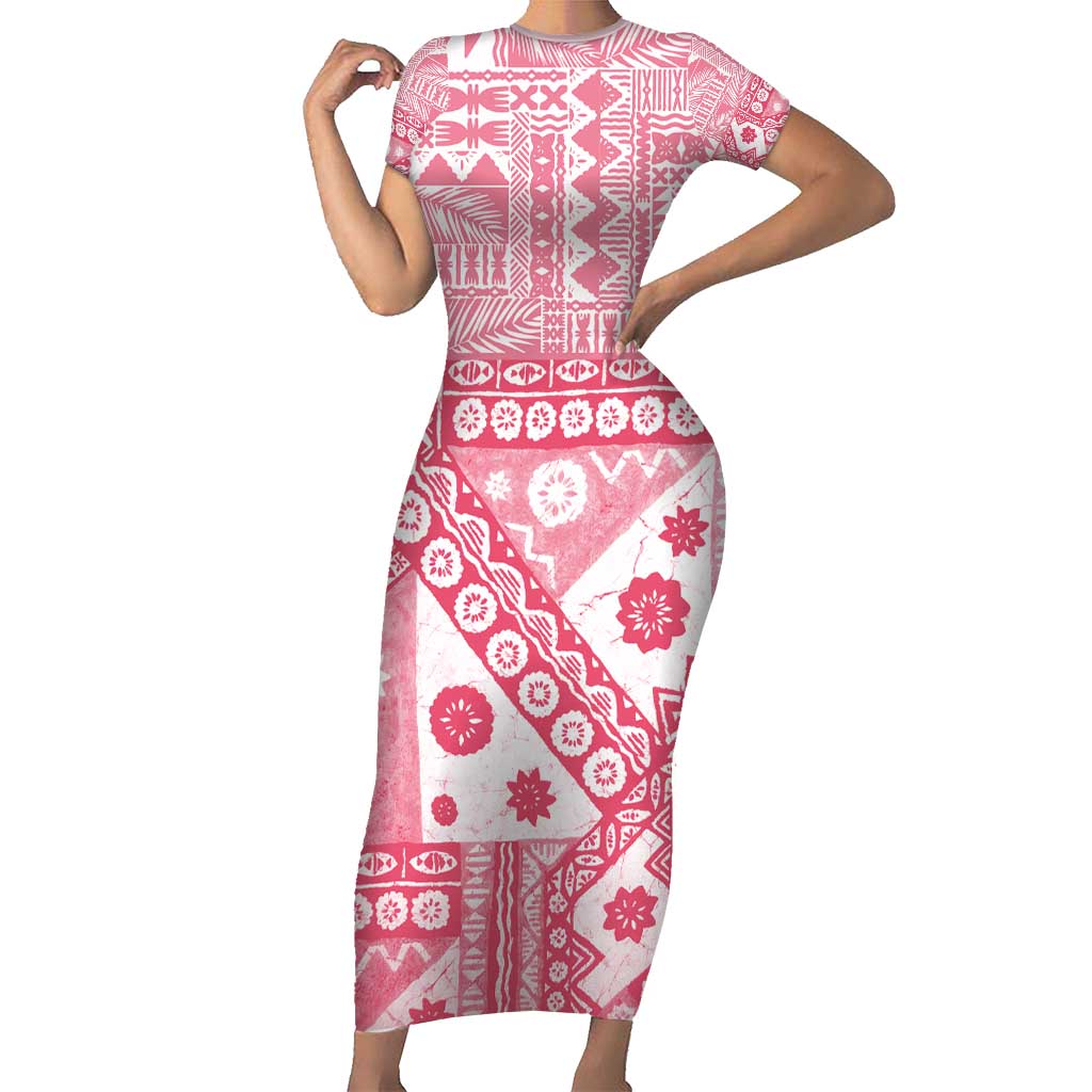 Pink Bula Fiji Short Sleeve Bodycon Dress Unique Masi Tapa Pattern