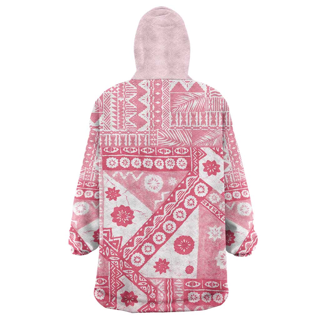 Pink Bula Fiji Wearable Blanket Hoodie Unique Masi Tapa Pattern