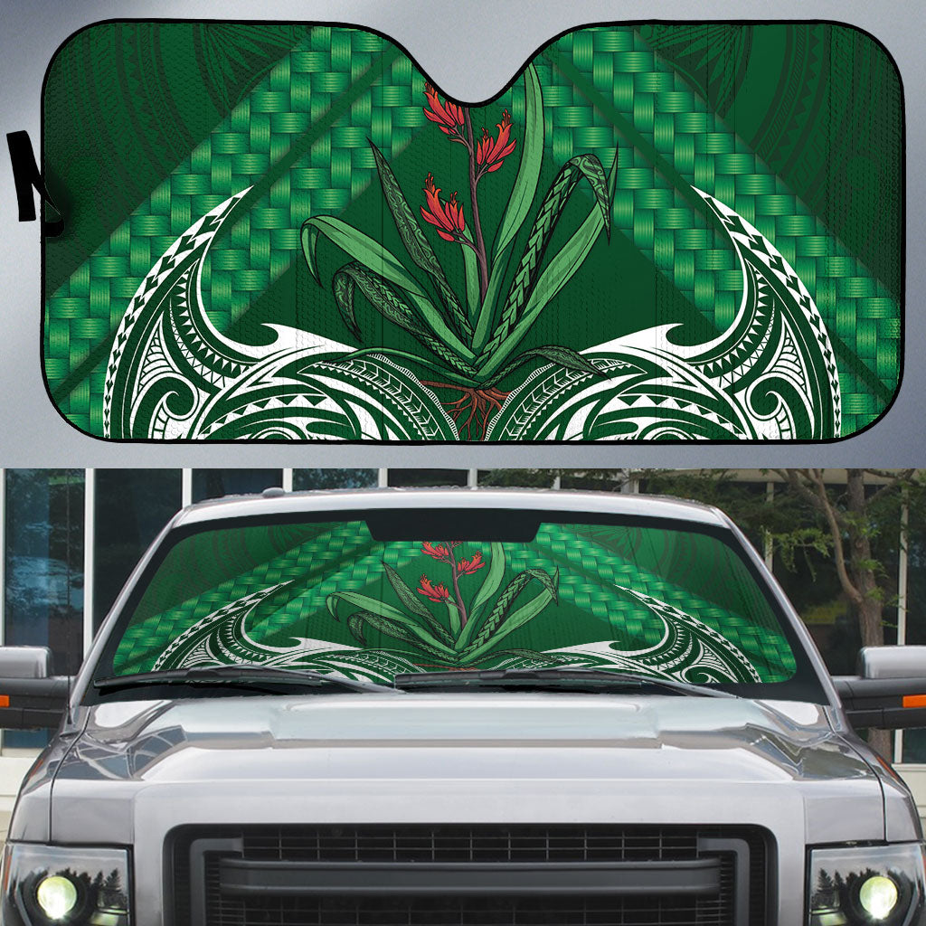 Rongoa Maori New Zealand Harakeke Auto Sun Shade NZ Weaving Pattern Green LT14 Green - Polynesian Pride