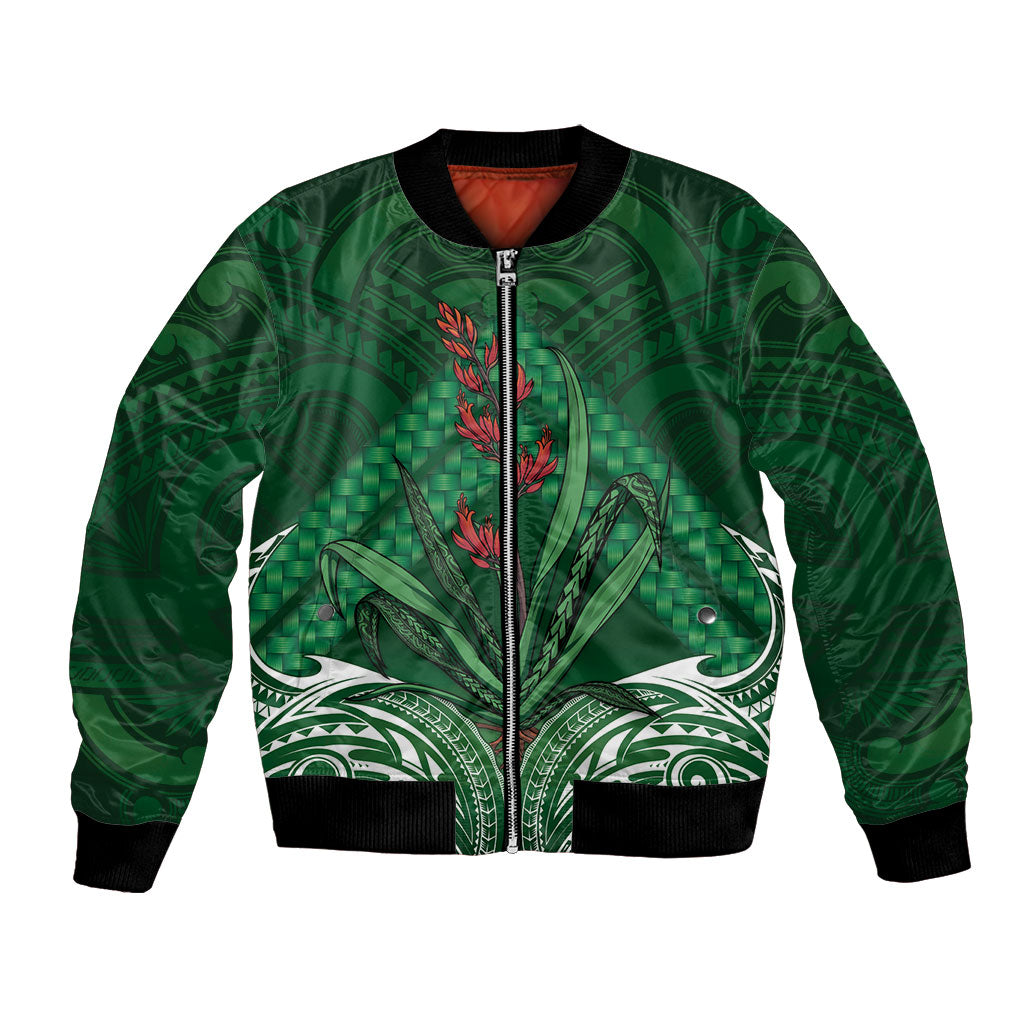 Rongoa Maori New Zealand Harakeke Bomber Jacket NZ Weaving Pattern Green LT14 Unisex Green - Polynesian Pride