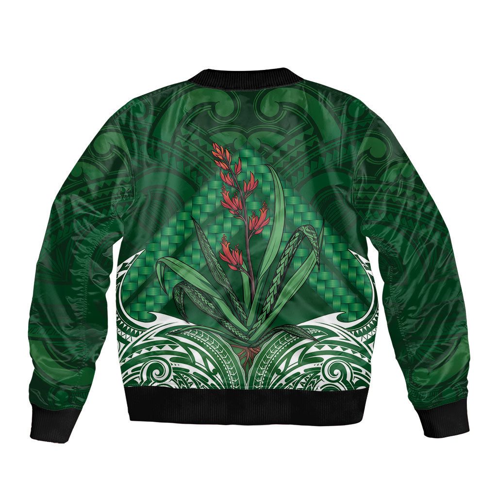 Rongoa Maori New Zealand Harakeke Bomber Jacket NZ Weaving Pattern Green LT14 - Polynesian Pride