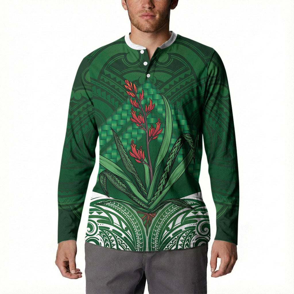 Rongoa Maori New Zealand Harakeke Button Sweatshirt NZ Weaving Pattern Green LT14 - Polynesian Pride