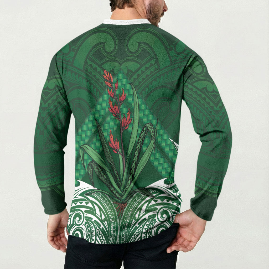 Rongoa Maori New Zealand Harakeke Button Sweatshirt NZ Weaving Pattern Green LT14 - Polynesian Pride