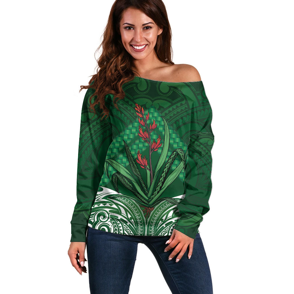 Rongoa Maori New Zealand Harakeke Off Shoulder Sweater NZ Weaving Pattern Green LT14 Women Green - Polynesian Pride