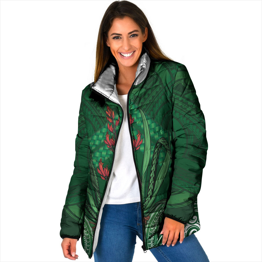 Rongoa Maori New Zealand Harakeke Padded Jacket NZ Weaving Pattern Green LT14 Women Green - Polynesian Pride