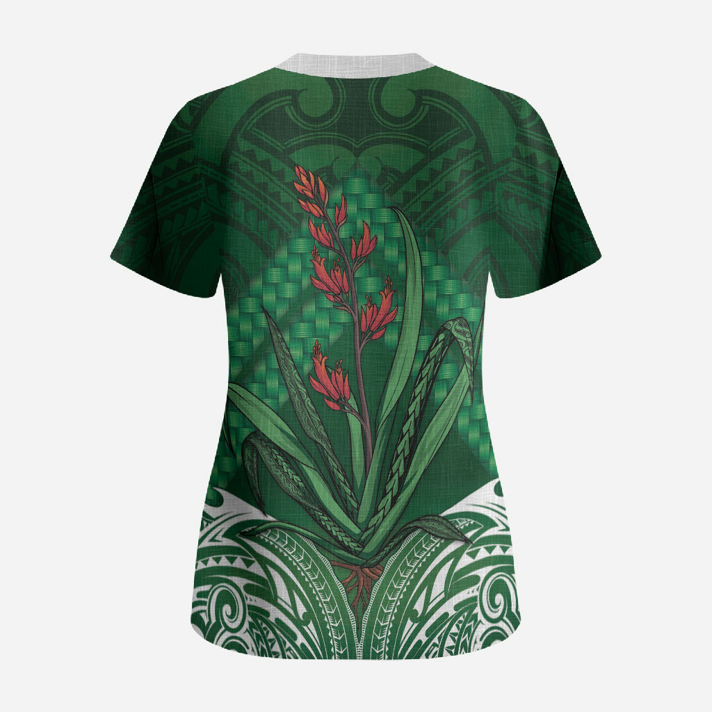 Rongoa Maori New Zealand Harakeke Scrub Top NZ Weaving Pattern Green LT14 - Polynesian Pride