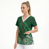 Rongoa Maori New Zealand Harakeke Scrub Top NZ Weaving Pattern Green LT14 - Polynesian Pride