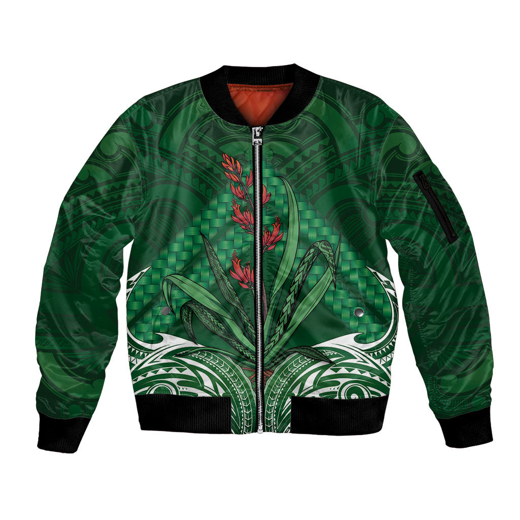 Rongoa Maori New Zealand Harakeke Sleeve Zip Bomber Jacket NZ Weaving Pattern Green LT14 Unisex Green - Polynesian Pride
