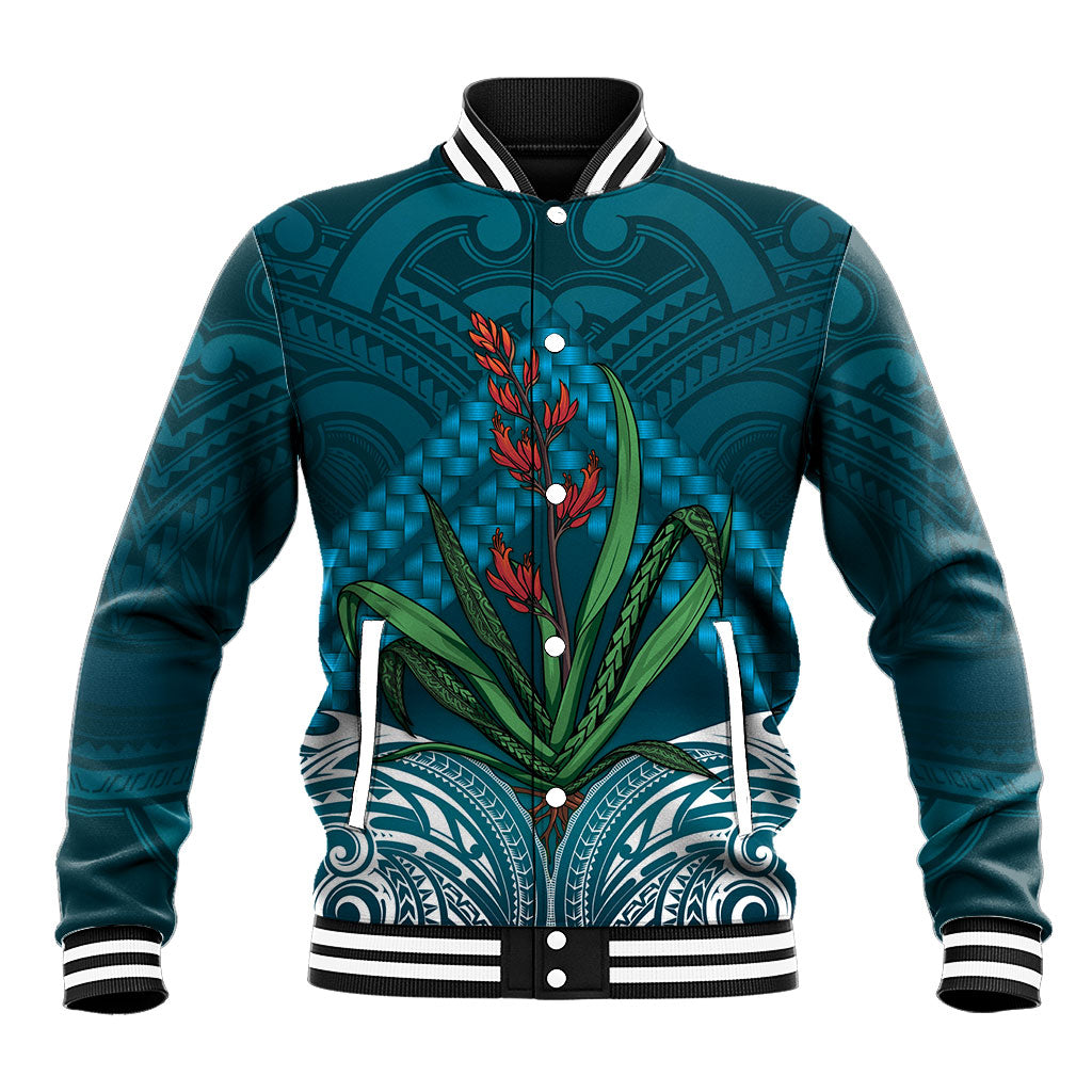 Rongoa Maori New Zealand Harakeke Baseball Jacket NZ Weaving Pattern Dark Teal LT14 Unisex Dark Teal - Polynesian Pride