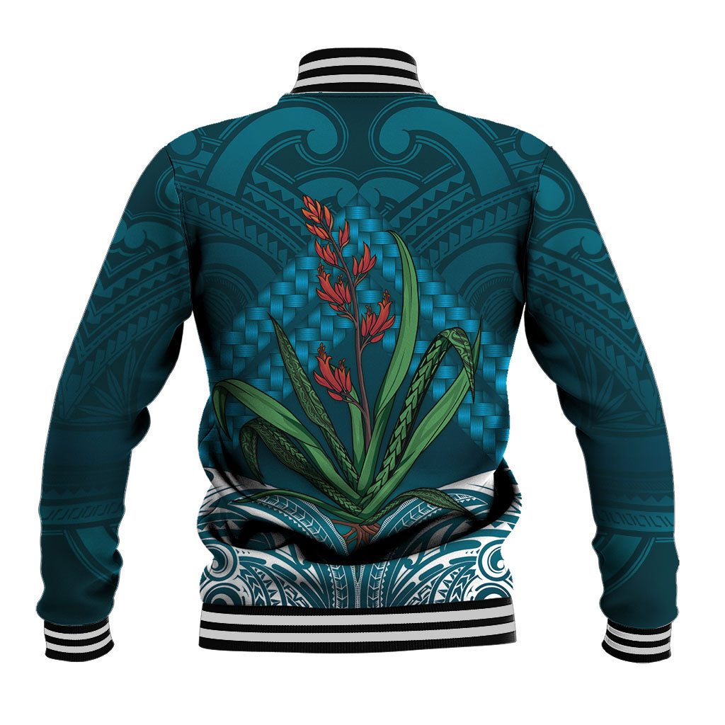 Rongoa Maori New Zealand Harakeke Baseball Jacket NZ Weaving Pattern Dark Teal LT14 - Polynesian Pride