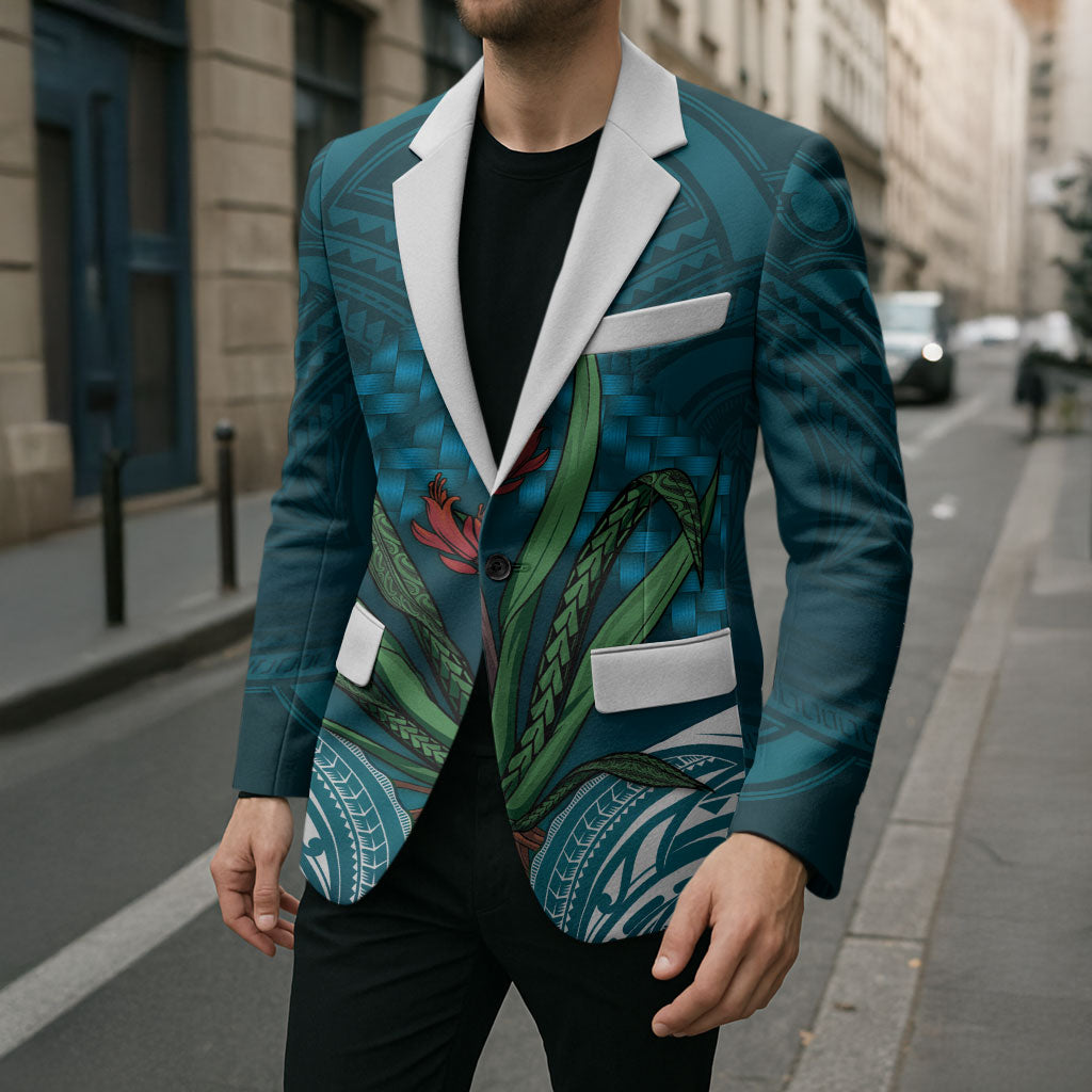 Rongoa Maori New Zealand Harakeke Blazer NZ Weaving Pattern Dark Teal LT14 - Polynesian Pride