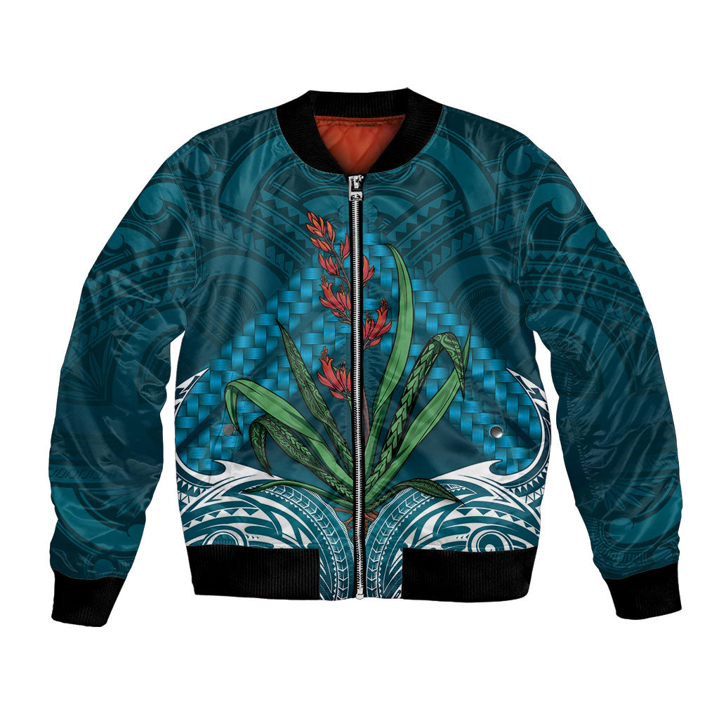 Rongoa Maori New Zealand Harakeke Bomber Jacket NZ Weaving Pattern Dark Teal LT14 Unisex Dark Teal - Polynesian Pride