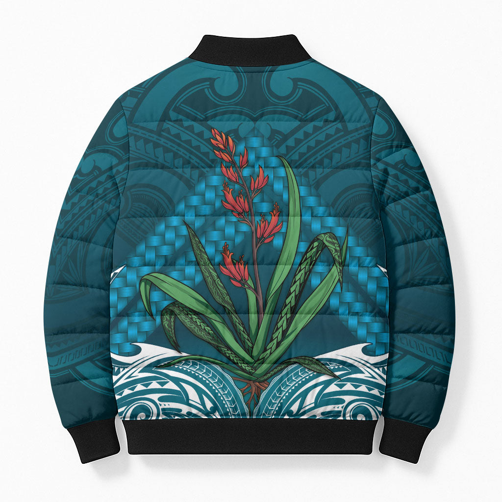 Rongoa Maori New Zealand Harakeke Bomber Puffer Jacket NZ Weaving Pattern Dark Teal LT14 - Polynesian Pride