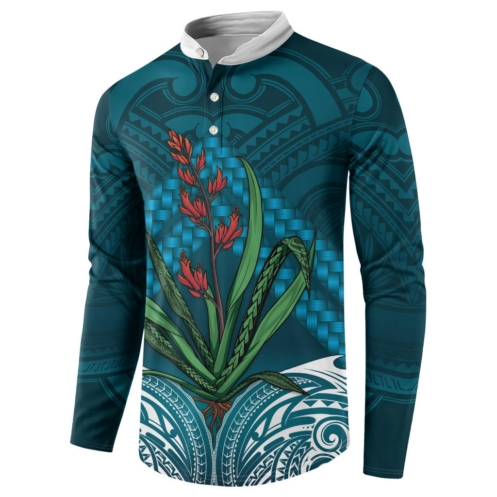 Rongoa Maori New Zealand Harakeke Button Sweatshirt NZ Weaving Pattern Dark Teal LT14 - Polynesian Pride