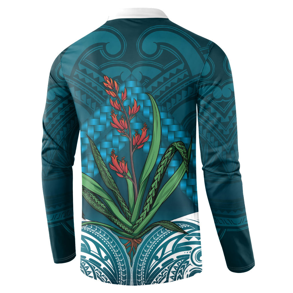 Rongoa Maori New Zealand Harakeke Button Sweatshirt NZ Weaving Pattern Dark Teal LT14 - Polynesian Pride