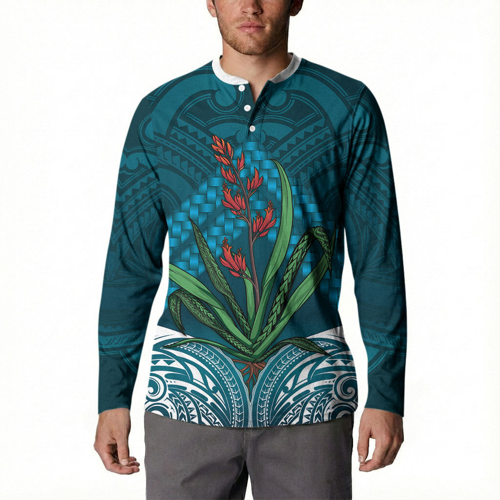 Rongoa Maori New Zealand Harakeke Button Sweatshirt NZ Weaving Pattern Dark Teal LT14 - Polynesian Pride
