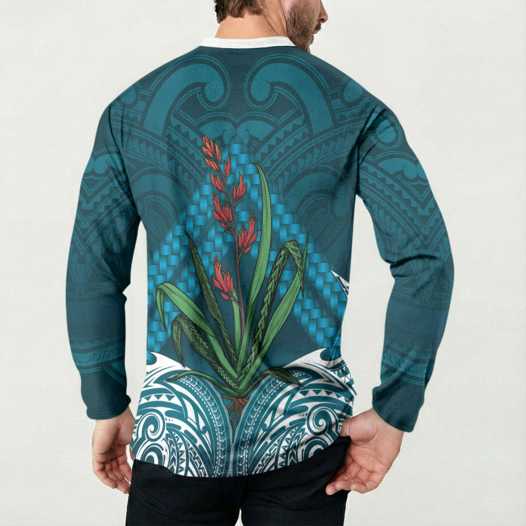 Rongoa Maori New Zealand Harakeke Button Sweatshirt NZ Weaving Pattern Dark Teal LT14 - Polynesian Pride