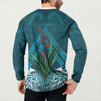 Rongoa Maori New Zealand Harakeke Button Sweatshirt NZ Weaving Pattern Dark Teal LT14 - Polynesian Pride