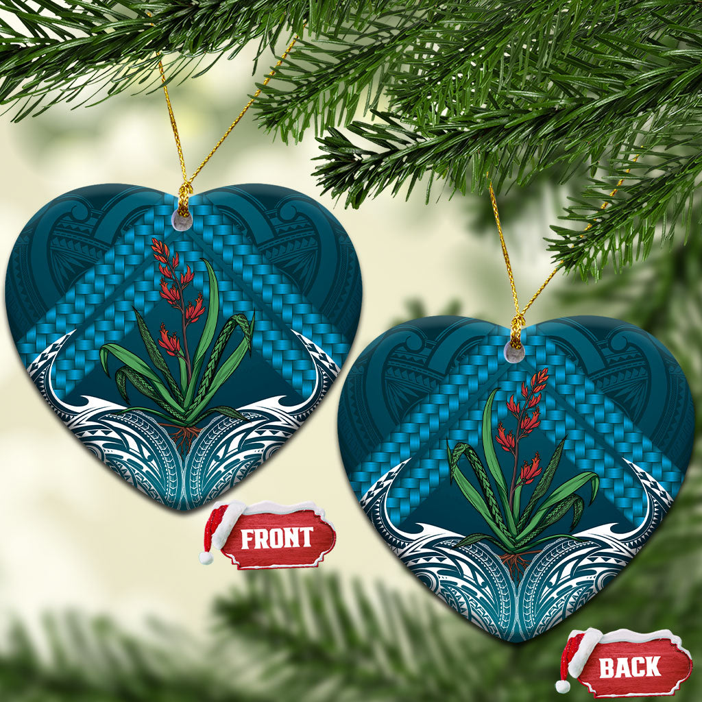 Rongoa Maori New Zealand Harakeke Ceramic Ornament NZ Weaving Pattern Dark Teal LT14 Heart Dark Teal - Polynesian Pride