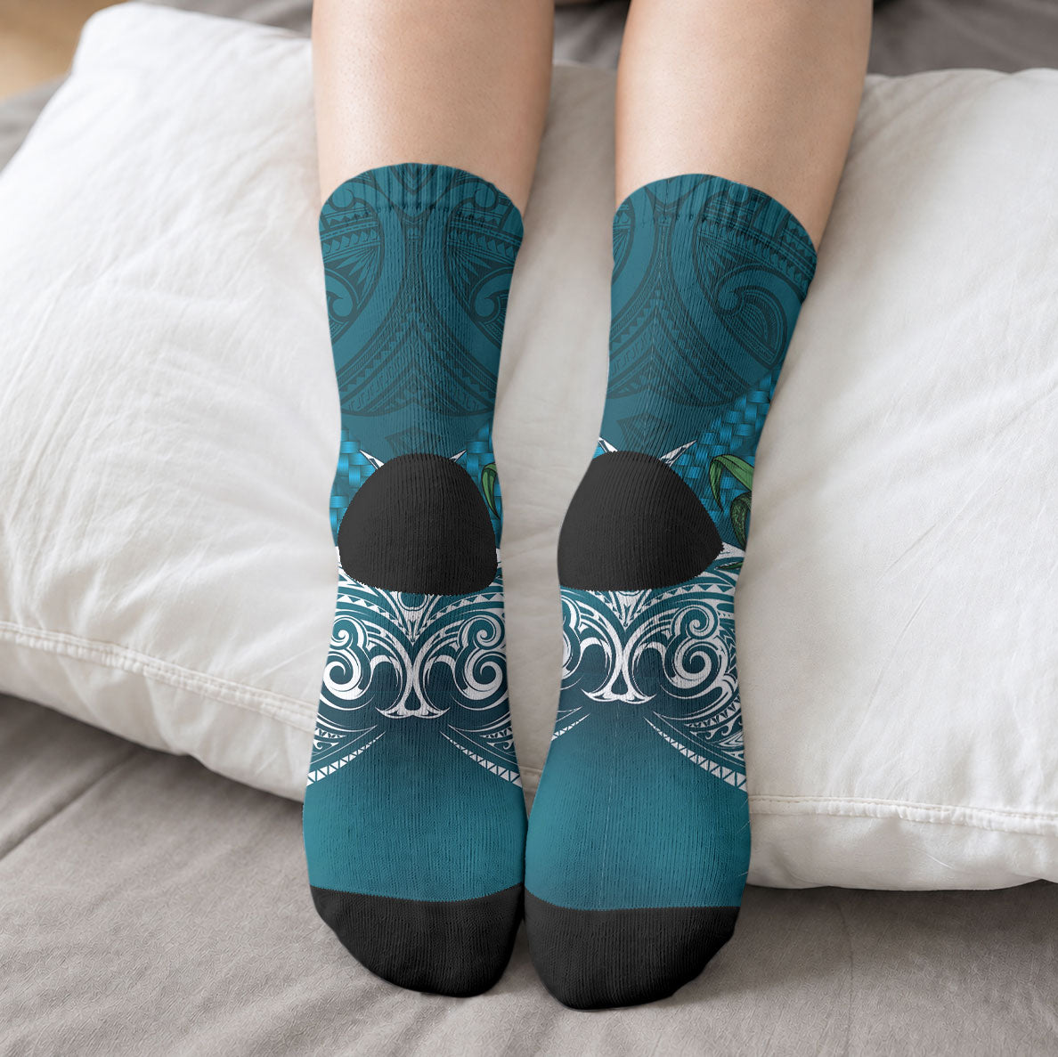 Rongoa Maori New Zealand Harakeke Crew Socks NZ Weaving Pattern Dark Teal LT14 - Polynesian Pride