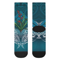 Rongoa Maori New Zealand Harakeke Crew Socks NZ Weaving Pattern Dark Teal LT14 - Polynesian Pride