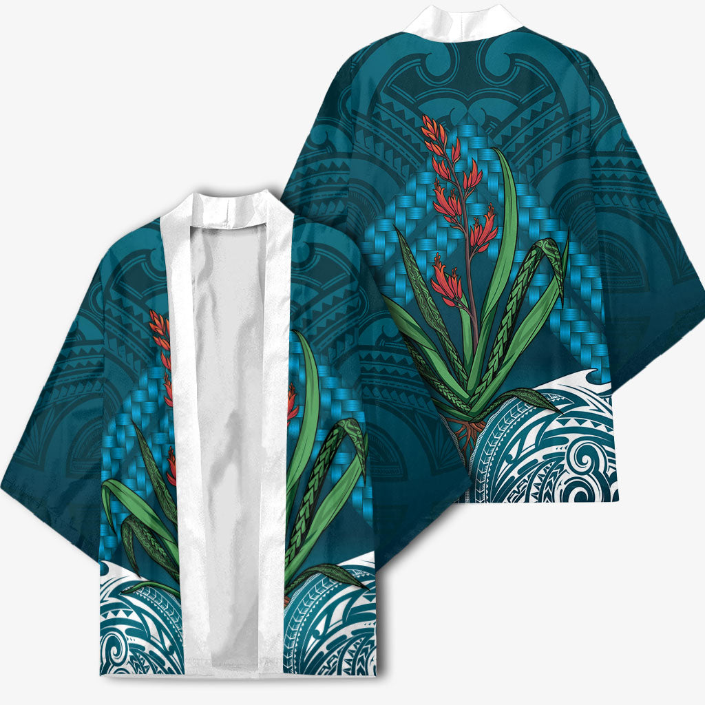 Rongoa Maori New Zealand Harakeke Kimono NZ Weaving Pattern Dark Teal LT14 - Polynesian Pride
