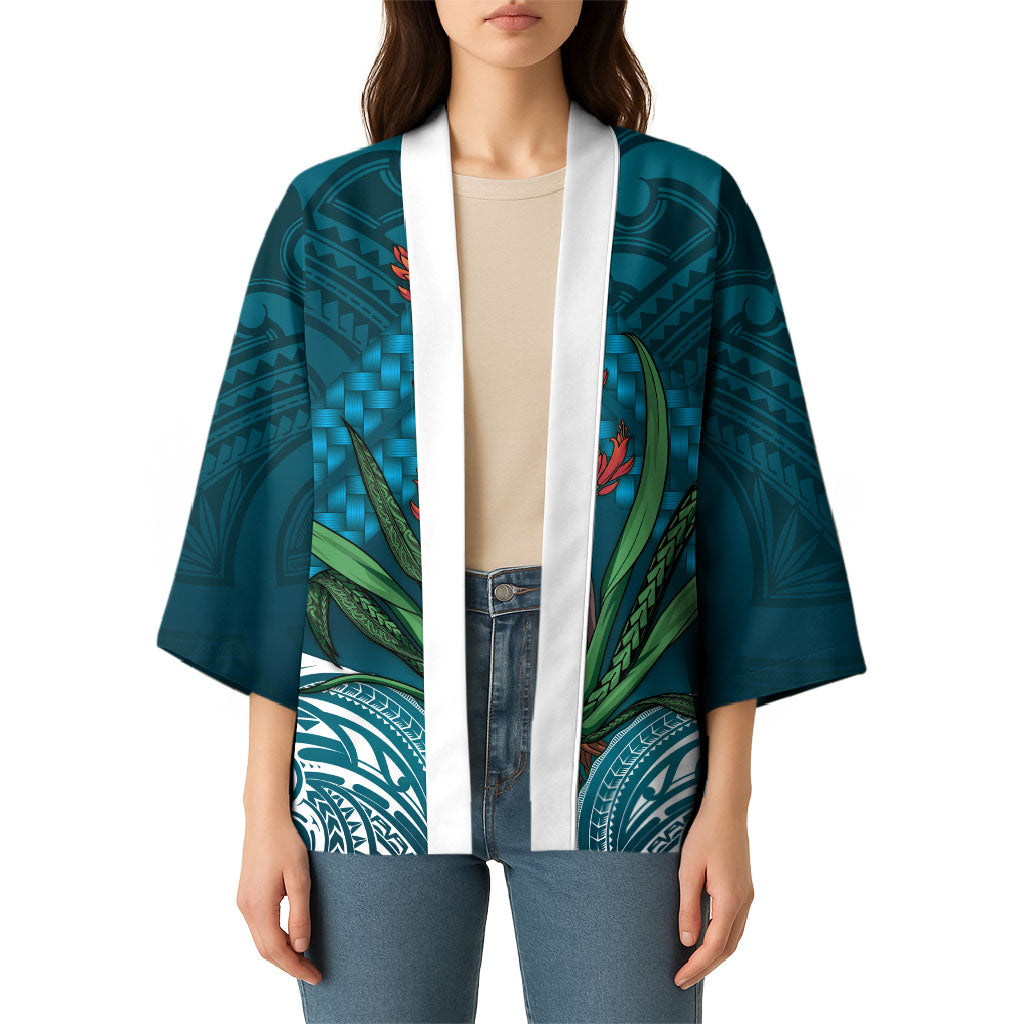 Rongoa Maori New Zealand Harakeke Kimono NZ Weaving Pattern Dark Teal LT14 - Polynesian Pride