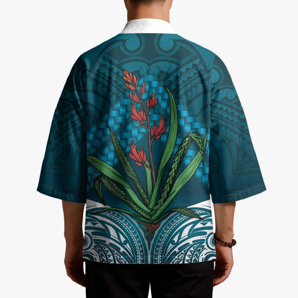Rongoa Maori New Zealand Harakeke Kimono NZ Weaving Pattern Dark Teal LT14 - Polynesian Pride