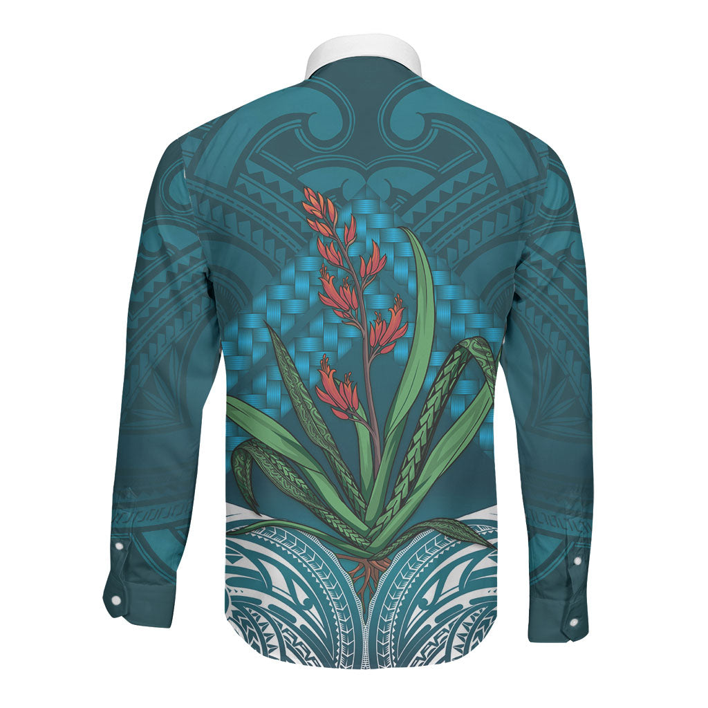Rongoa Maori New Zealand Harakeke Long Sleeve Button Shirt NZ Weaving Pattern Dark Teal LT14 - Polynesian Pride