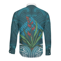 Rongoa Maori New Zealand Harakeke Long Sleeve Button Shirt NZ Weaving Pattern Dark Teal LT14 - Polynesian Pride