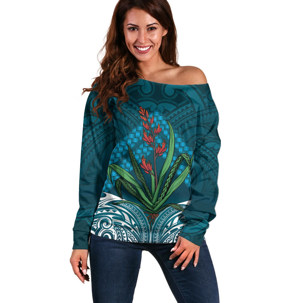 Rongoa Maori New Zealand Harakeke Off Shoulder Sweater NZ Weaving Pattern Dark Teal LT14 Women Dark Teal - Polynesian Pride