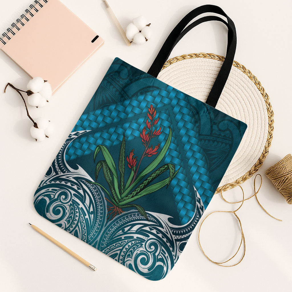 Rongoa Maori New Zealand Harakeke Tote Bag NZ Weaving Pattern Dark Teal LT14 Black Strap One Size Dark Teal - Polynesian Pride