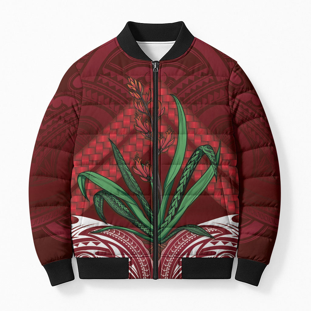 Rongoa Maori New Zealand Harakeke Bomber Puffer Jacket NZ Weaving Pattern Red LT14 Unisex Red - Polynesian Pride