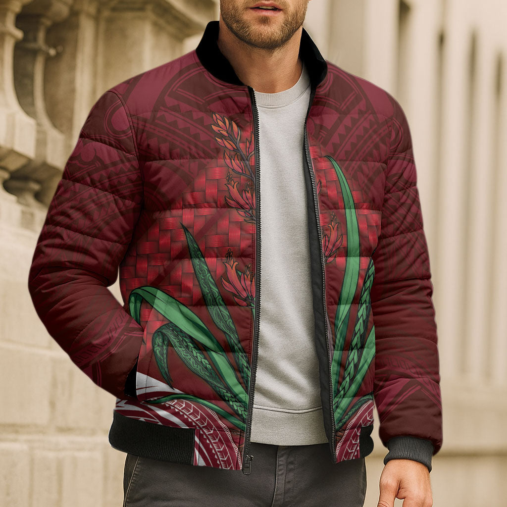 Rongoa Maori New Zealand Harakeke Bomber Puffer Jacket NZ Weaving Pattern Red LT14 - Polynesian Pride