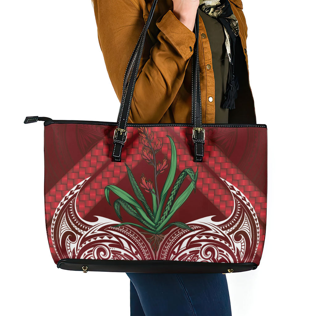 Rongoa Maori New Zealand Harakeke Leather Tote Bag NZ Weaving Pattern Red LT14 - Polynesian Pride