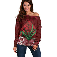 Rongoa Maori New Zealand Harakeke Off Shoulder Sweater NZ Weaving Pattern Red LT14 Women Red - Polynesian Pride