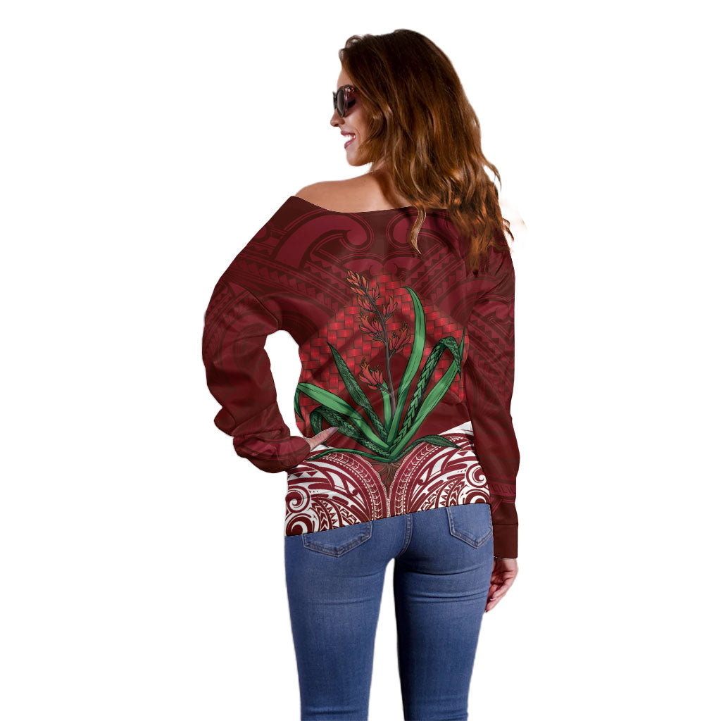Rongoa Maori New Zealand Harakeke Off Shoulder Sweater NZ Weaving Pattern Red LT14 - Polynesian Pride