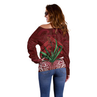 Rongoa Maori New Zealand Harakeke Off Shoulder Sweater NZ Weaving Pattern Red LT14 - Polynesian Pride
