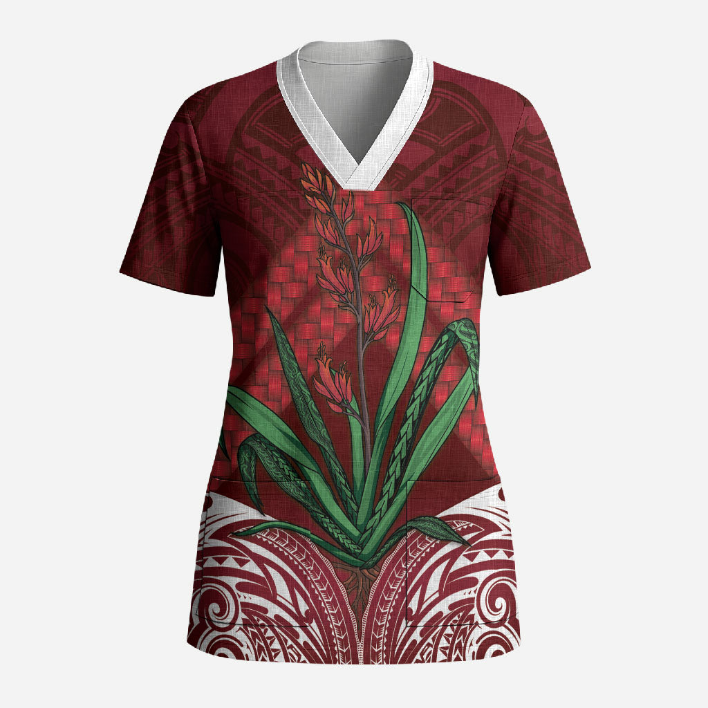 Rongoa Maori New Zealand Harakeke Scrub Top NZ Weaving Pattern Red LT14 Adult Red - Polynesian Pride
