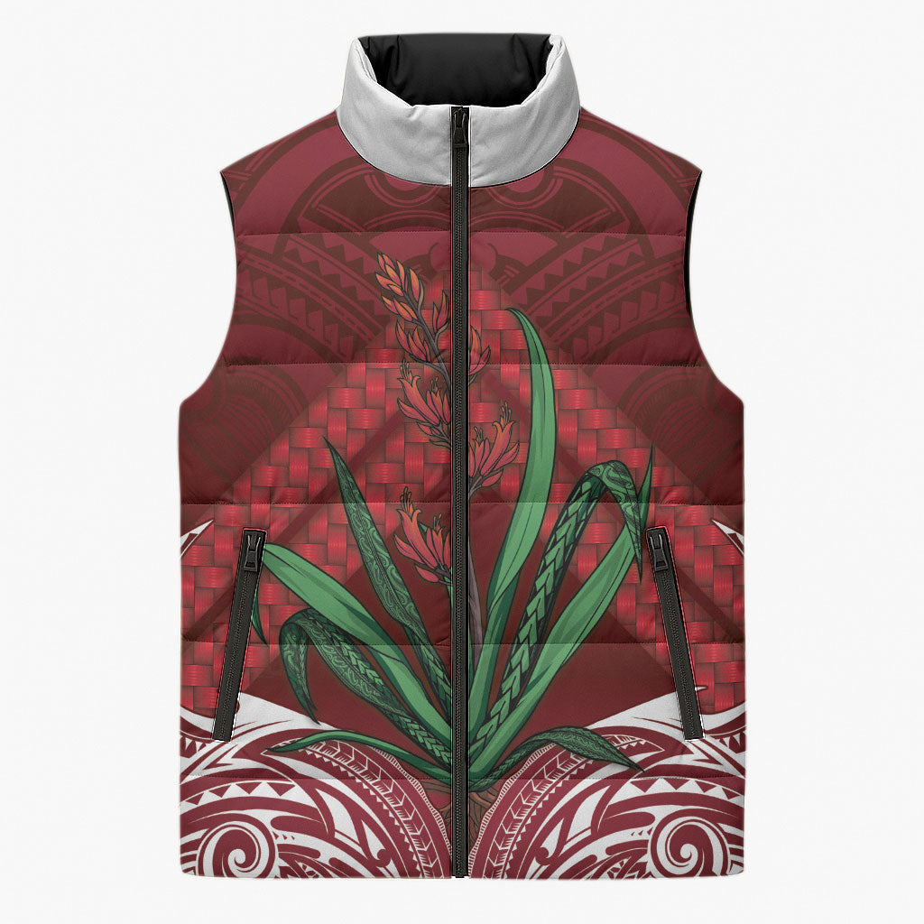 Rongoa Maori New Zealand Harakeke Sleeveless Puffer Jacket NZ Weaving Pattern Red LT14 Unisex Red - Polynesian Pride