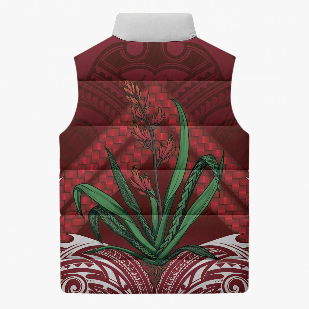 Rongoa Maori New Zealand Harakeke Sleeveless Puffer Jacket NZ Weaving Pattern Red LT14 - Polynesian Pride