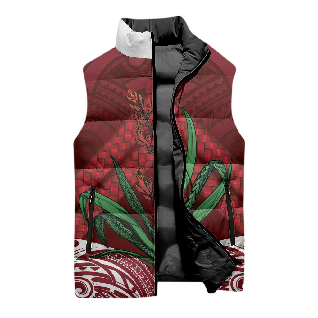 Rongoa Maori New Zealand Harakeke Sleeveless Puffer Jacket NZ Weaving Pattern Red LT14 - Polynesian Pride