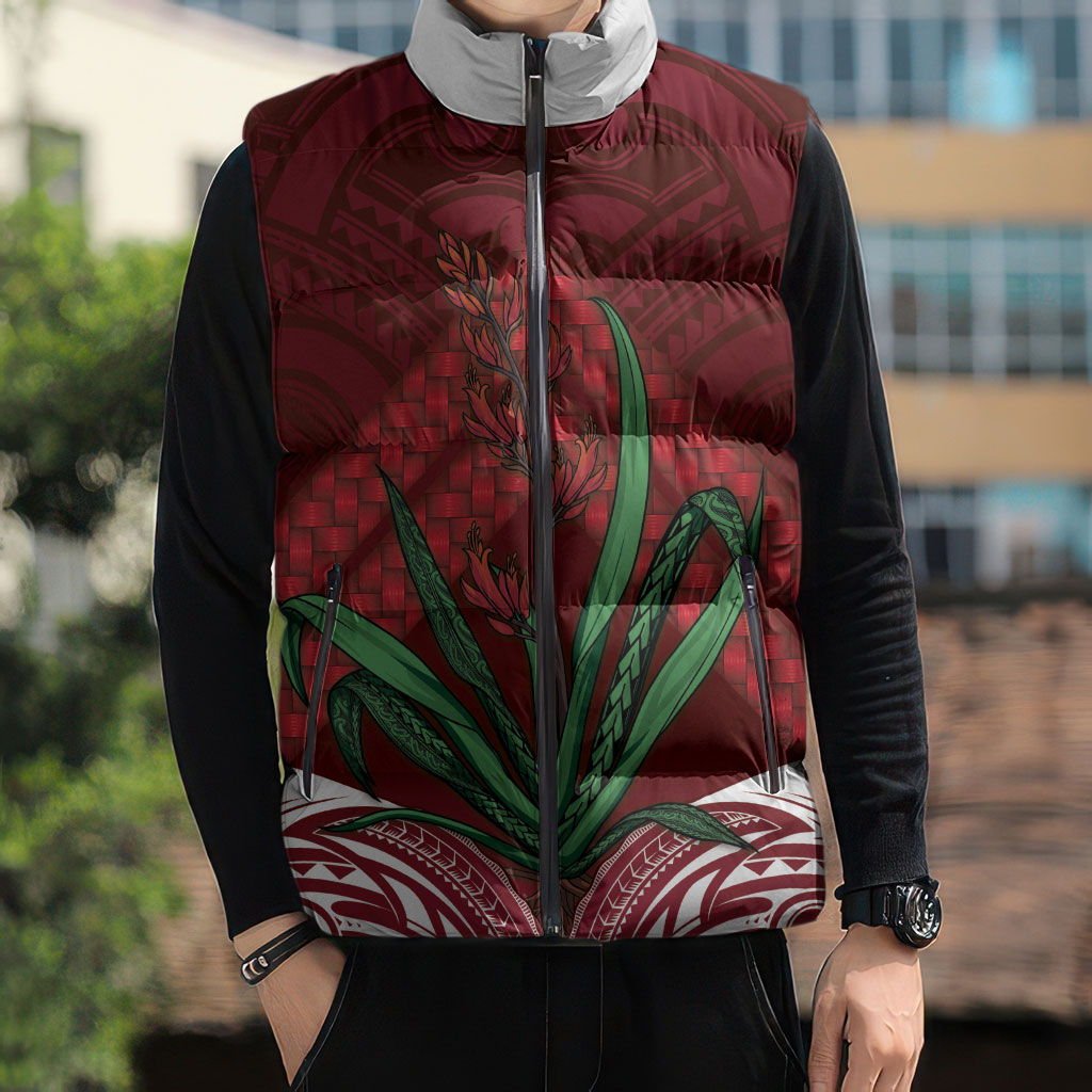 Rongoa Maori New Zealand Harakeke Sleeveless Puffer Jacket NZ Weaving Pattern Red LT14 - Polynesian Pride