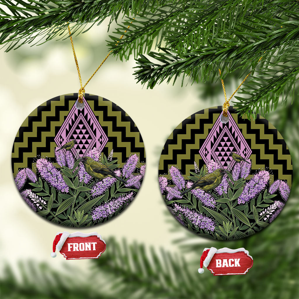 Rongoa Maori New Zealand Koromiko Ceramic Ornament NZ Hebe Korimako Bellbird Poutama LT14 Circle Green - Polynesian Pride