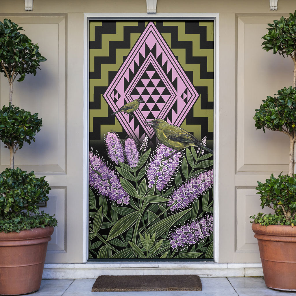Rongoa Maori New Zealand Koromiko Door Cover NZ Hebe Korimako Bellbird Poutama LT14 Green - Polynesian Pride